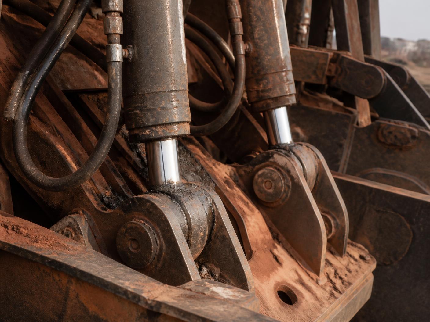 Close-up of hydraulic rams and steel linkages on heavy mining plant